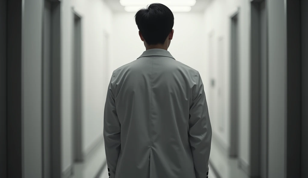 Show me the back of a Korean man in a doctor's suit. You have to show your whole body in black and white or faded.