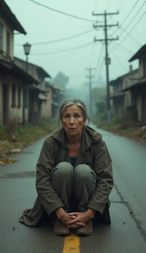  55-year-old woman in a rural town sitting on the disoriented street floor