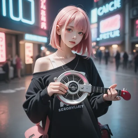 A girl. Pink hair with bangs. Black sweater. Off shoulder. neon light city. Dirty body. Holding a radio cassette player