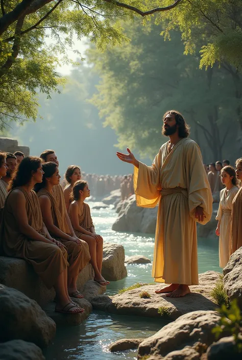 A jesus is preaching the congregation at the bench of the river. River is flowing and crowd is listening him. Rocks and Trees are in the background. Realistic images. Vintage clothing. 