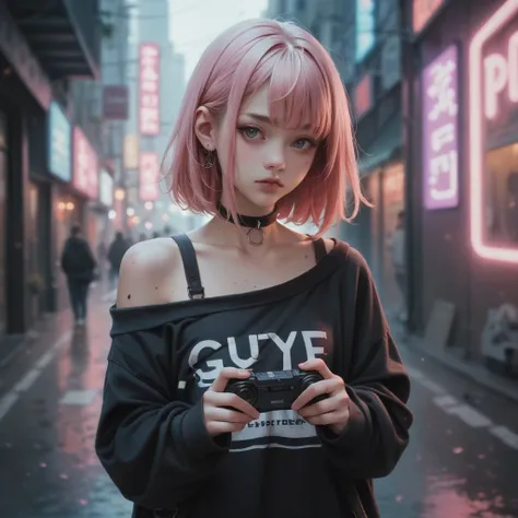 A girl. Pink hair with bangs. Black sweater. Off shoulder. neon light city. Dirty body. Holding a radio cassette player