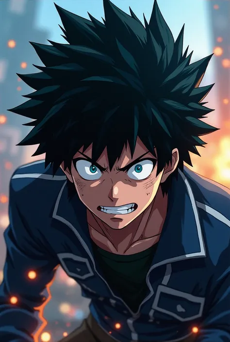 Black hair blue eyes and my hero Academia sharp teeth