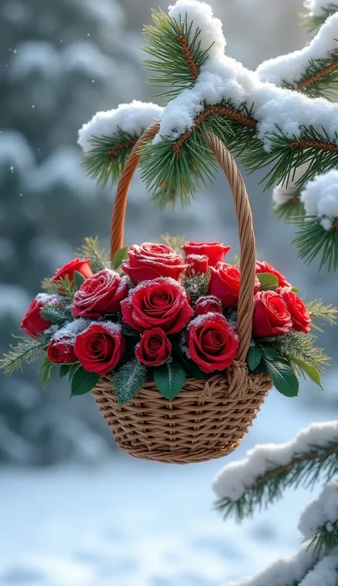 basket with red roses,  hanging on a spruce branch.  covered with snow 