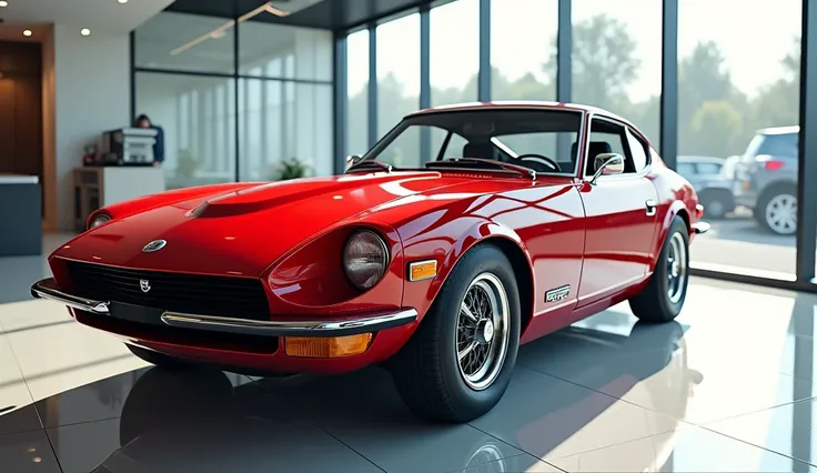 High resolution picture of Red 1969 Nissan Fairlady Z  in pristine showroom, clean and shiny floor, ceiling glass windows on right side, shiny showroom.Flux style,Best Quality, Super Detailed, 