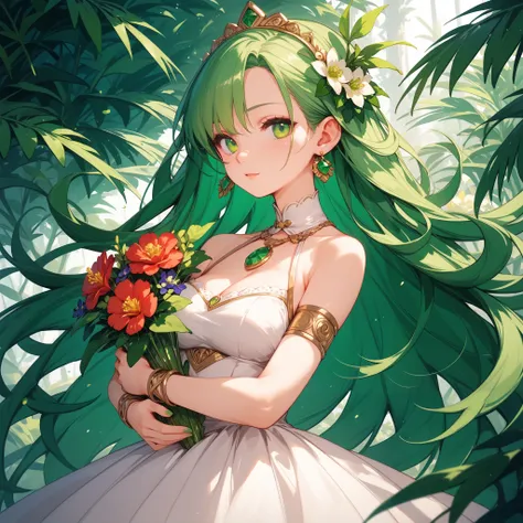 4k anime style, Smooth anime CG, 8k anime, Best quality, High resolution,Superdetail,Perfect light,avatar image,ager Anime, Long hair,emerald green hair, Emerald green eyes, medium chest, Beautiful waist, She wearing white dress has flower detail

