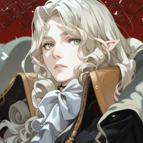 Handsome man. slightly pale. Platinum-Blonde hair. Long hair. Elf ears. Royal attire. mysterious expression. Green eyes. Black shirt. curly hair. looking forward.  