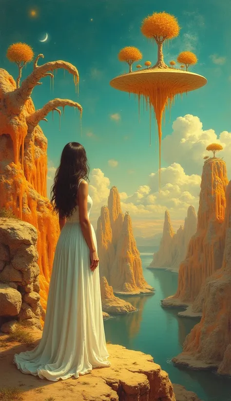 "A unique surrealist painting of a Salvador Dalí-style dreamscape, featuring a human character. The character is a woman wearing a long white dress with shoulder-length hair, standing on a floating island suspended in the sky. The island features a surreal...