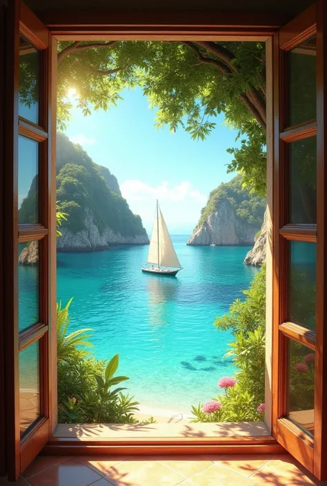 Real image of window open to the sea with crystal clear water with a sailboat and jungle . Mediterranean touches. Inspiration from the ABBA film