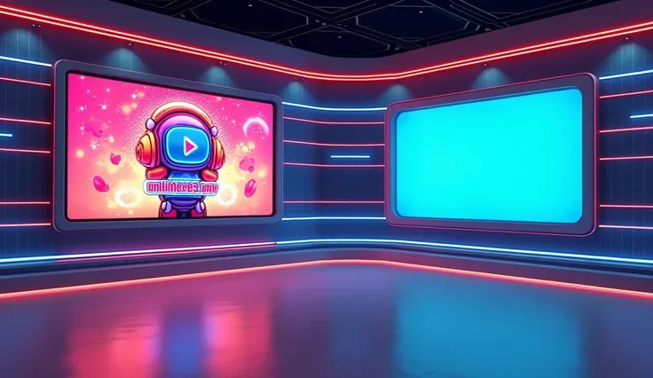 Design a futuristic news studio background with a large digital screen layout. Including a vibrant, colorful logo design featuring a cute chibi-style cartoon character with headphones, holding a YouTube play button icon. The character should have a glowing...