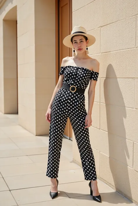 A chic and vintage-inspired outfit featuring an off-the-shoulder black jumpsuit adorned with bold white polka dots. The design highlights a flattering V-neckline and a cinched waist accentuated by a statement belt with a circular buckle, emphasizing a femi...