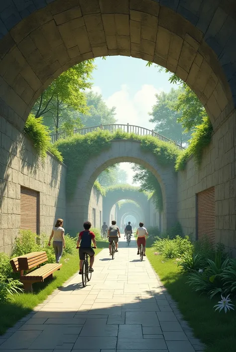 Underground green tunnel where cyclists and pedestrians can travel,  Realistic illustration 