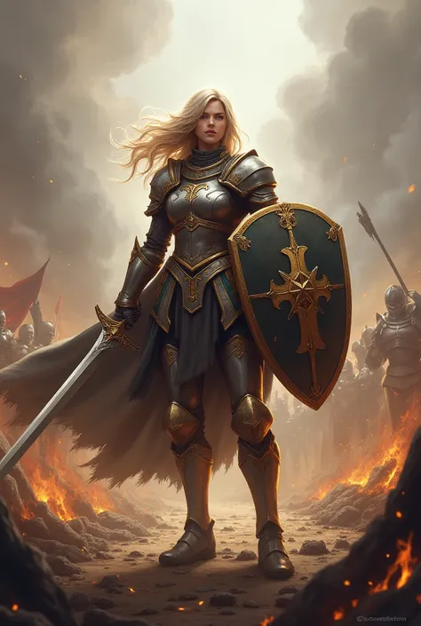 A female Paladin with sword and shield in battle screaming