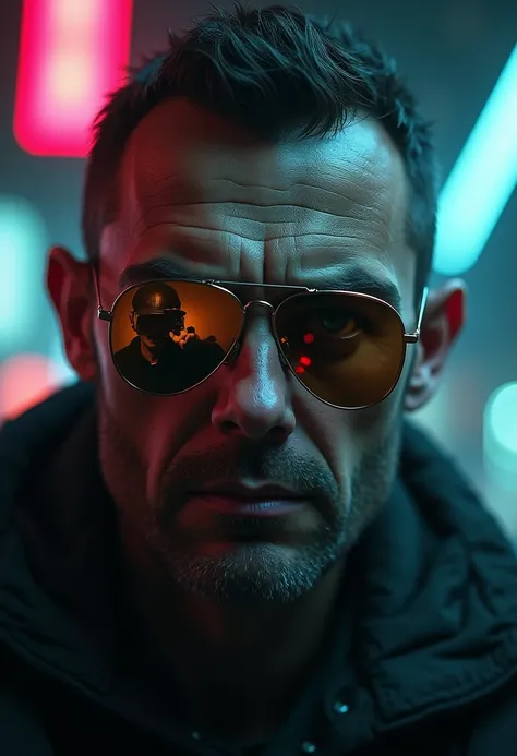 close up shot, face, Man hard facial expression, without beard, his aviator sunglasses reflect a man, who threatens with a gun,cyberpunk 
