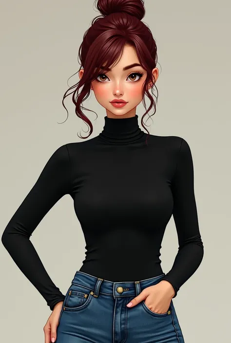 a girl who's hair colour is maroon and is wearing a high bun with all hair gathered wearing turtle neck black which shows curves and tight jeans 