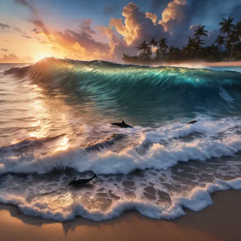 a serene lassen-style seascape, colorful tropical fish swimming in a hawaiian sea, playful dolphins, vibrant sunset skies with gradients from crimson to dark blue, wispy clouds, sea spray, elegant black cats lounging on the beach, (best quality,4k,8k,highr...