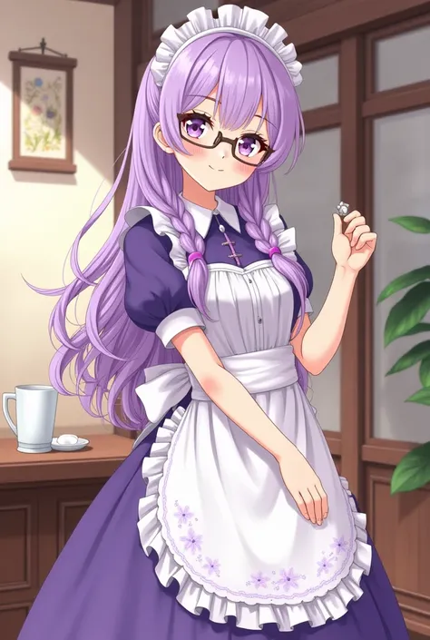 cute maid with glasses anime illustration、Tea shop background、Beautiful girl with long braids purple hair purple maid costume