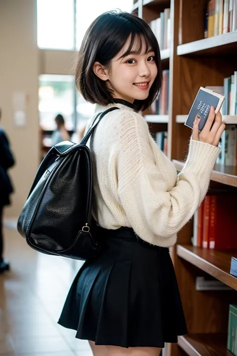 young girl，black hair，short hair，Bangs， Japanese，Smile back，Holding a book ， in front of the university library， High Collar Sweater ，A-line skirt， First Person 