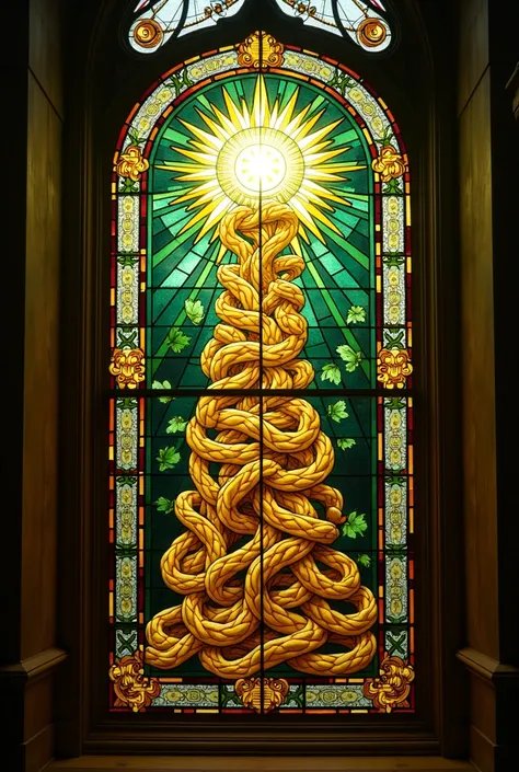 A stained glass window of a church depicting Strozzapreti with Genoese pesto