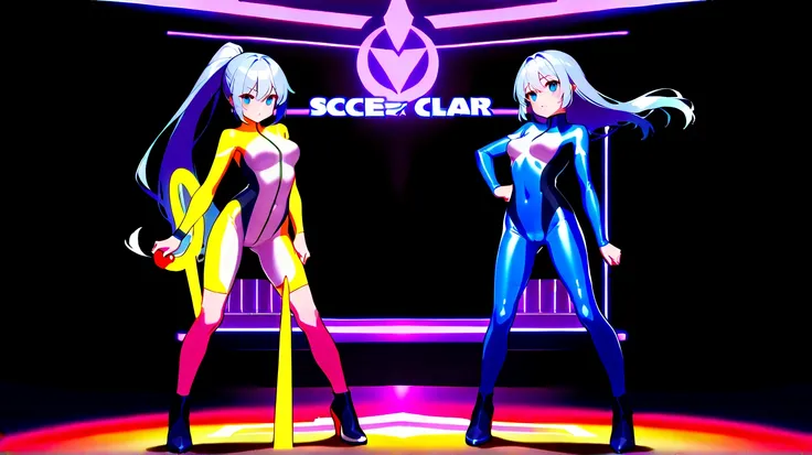  Ultra Fine( 2 girls fighting back),(最 high definition, 8k, masterpiece:1.3),  clear contours high definition(24 years old:1.5), ( gray hair ), (Up ponytail),, ((全身 rubber suit、 colorful、blue、Yellow line from crotch、no zipper 、 rubber suit、Gloss、 daytime、A...