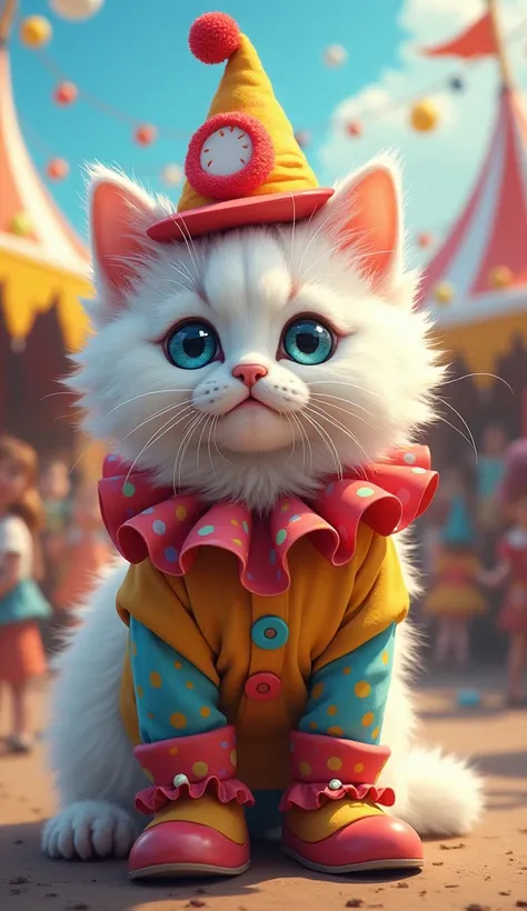 Make a white Persian kitten with blue eyes with medium bushy fluffy blue eyes using a clown costume against a carnival background 