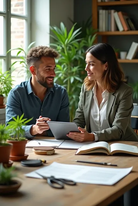  A professional and welcoming scene showing a tidy light wooden table ,  with small pots of growing cannabis plants .  On the table there are open books ,  well-organized legal documents ,  and gardening tools such as pruning scissors .  Two people are int...