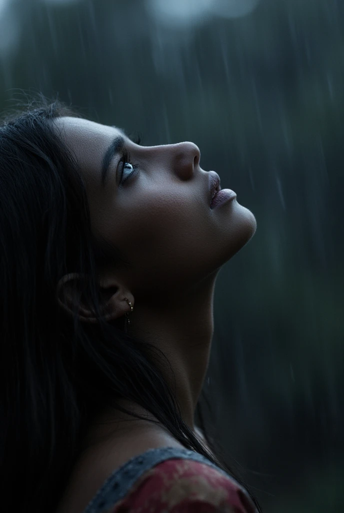  young Indian girl , Dark shades, 18 years old,  ugly slum background , ,Village Background , Moonlight,  realistic skin at night  , ultra hd photos,  girl is looking up at the rain sadly ,  rain falling on her face  ,  sad movie pose  ,  full body photo, ...