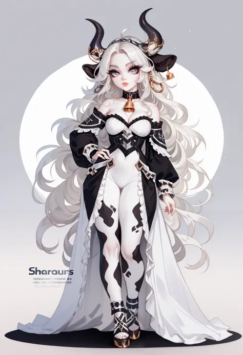 Woman 1,very white skin, Long hair, very white hair, white eyelashes,beautiful eyes, silver gray eyes, cow horns,cow horns metalisados plateados,metal horns, white skin with black spots, cowhide, innocent expression full body 