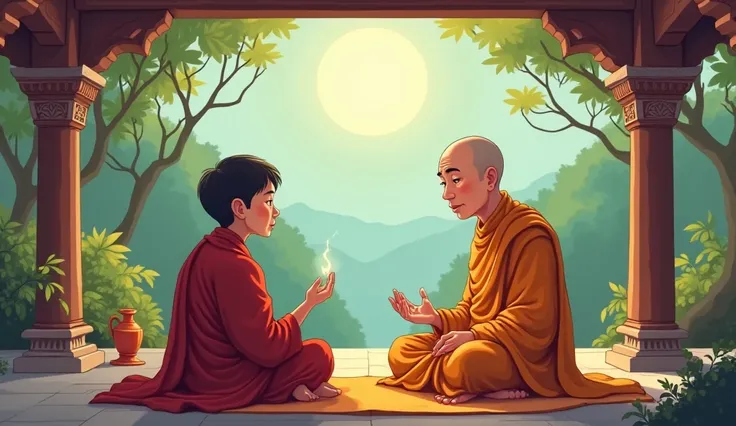 Buddhist monk talking with another person, background ashram, cartoon