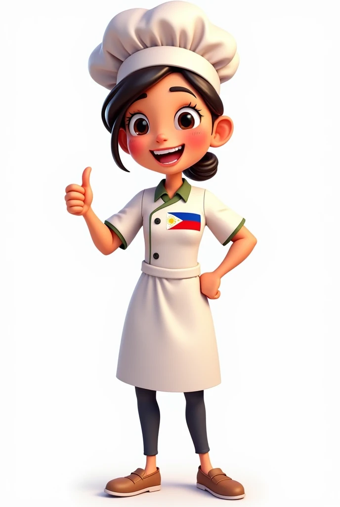 A full-height 2D cartoon-style female chef mascot, smiling warmly and holding a thumbs-up gesture. She is wearing a clean, vibrant chef outfit that includes a combined insignia of the Philippines and Cambodia flags on her chest, designed like an army patch...