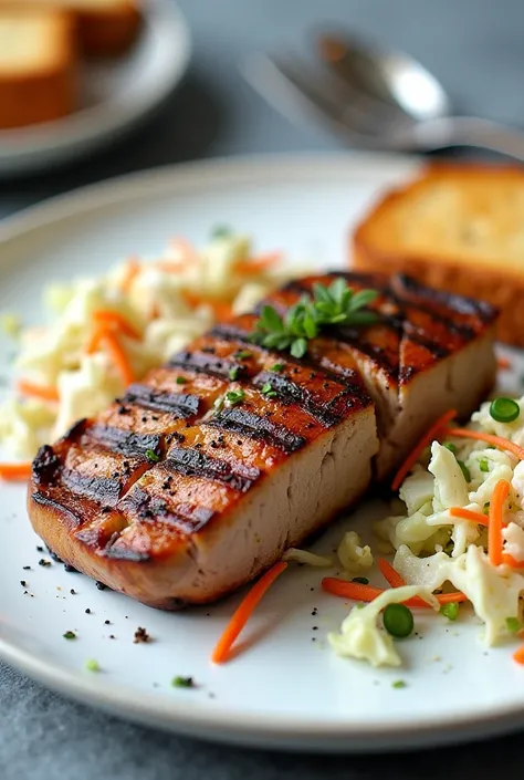 A beautifully plated dish of black pepper pork loin steak, featuring a perfectly grilled pork loin with a golden-brown, slightly charred exterior. The pork is seasoned with a robust black pepper blend, enhancing its smoky and savory flavor, and grilled to ...