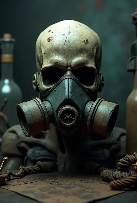  Create an image of a skull with a gas mask for training, Q is related to pirates and chemistry 