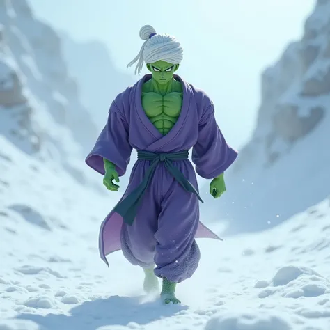 "Piccolo walking towards the camera on snowy ground, in a realistic, detailed, and dramatic."