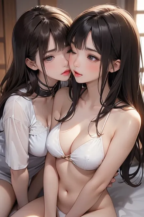 (( Top Masterpieces)), two beautiful japanese women 、  perfect anatomy,  sitting in bed , passionate tongue to tongue kiss,pictures from the breasts of two women , hug, legs lock, one woman with long black hair and one with short brown hair kissing while d...