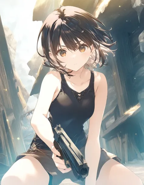 1girl,  little female, short hair, small breasts, beautiful detailed eyes,expressionless, shorts, outdoors,wind,gun, stance,fantasy, game CG, break,(artist:mitsumi_misato),artist:fujiyama,artist:kokonoka, break,(masterpiece), (best quality), (ultra-detaile...