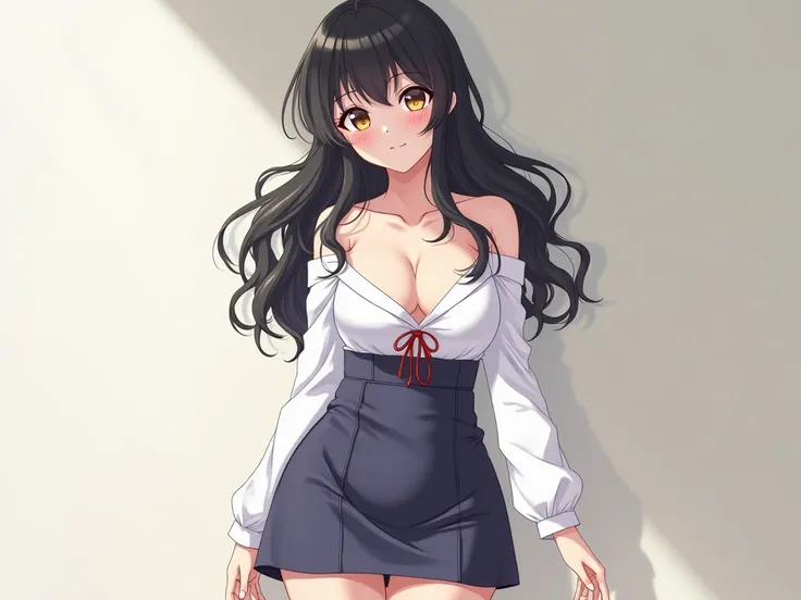  wavy hair,Japanese woman with long black hair  , Feminine plump and busty body ,アニメガール in a short skirt and blouse posing for a picture,  cute anime Waifu is wearing a dress with an open chest, 