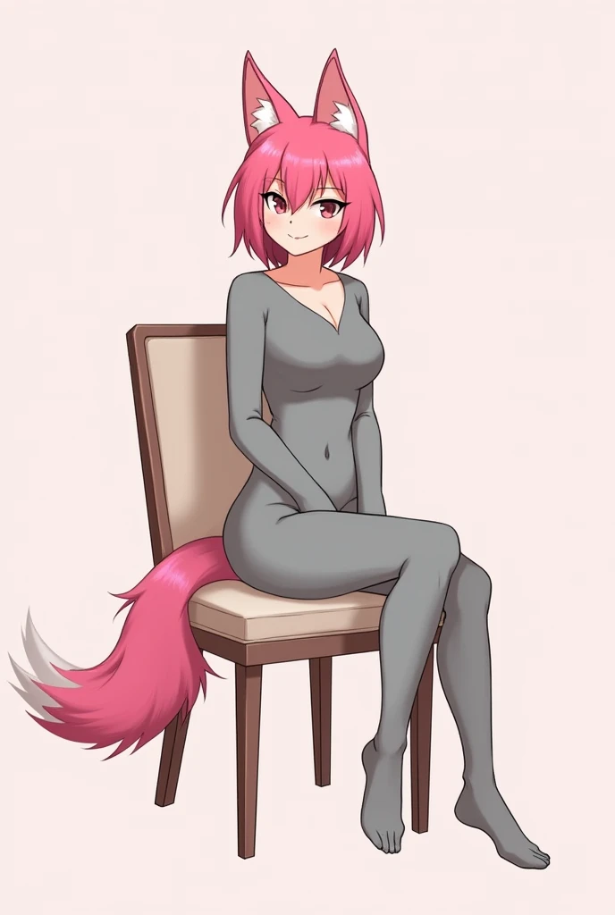 Anthro is a wolf girl ,  Pink wool , she is wearing a grey tight jumpsuit. She sits on the chair leg and leg