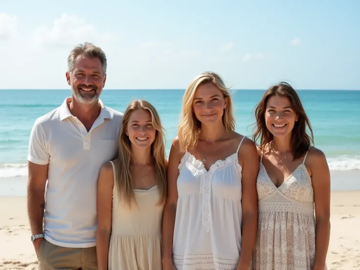 In the background, there is a beach with the sea. In the foreground, there are four people, comprising two couples. The first couple consists of a light-skinned man with brown hair, aged 50, and his girlfriend who has blonde hair and is 18 years old. The s...