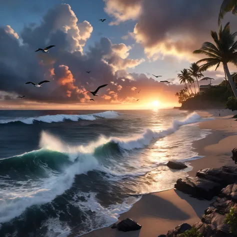 A beautiful seascape of the Hawaiian ocean, rugged cliffs, swaying palm trees, soaring seabirds, a stunning sunset with a gradation from crimson to dark blue skies, fluffy clouds, and sea spray in the air, (best quality,4k,8k,highres,masterpiece:1.2),ultra...