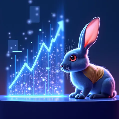 The rabbit in a futuristic environment ,  looking at ascending graphics in holograms ,  symbolizing growth and financial achievement.