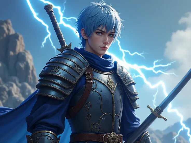  adult male , short blue hair , blue eyes,  Ancient Russian Bogatty Armor, Japanese hero, Big Sword, thunder, Masterpiece,  best quality , Full HD, 8k,  ultra detail,  Amazing Graphics 