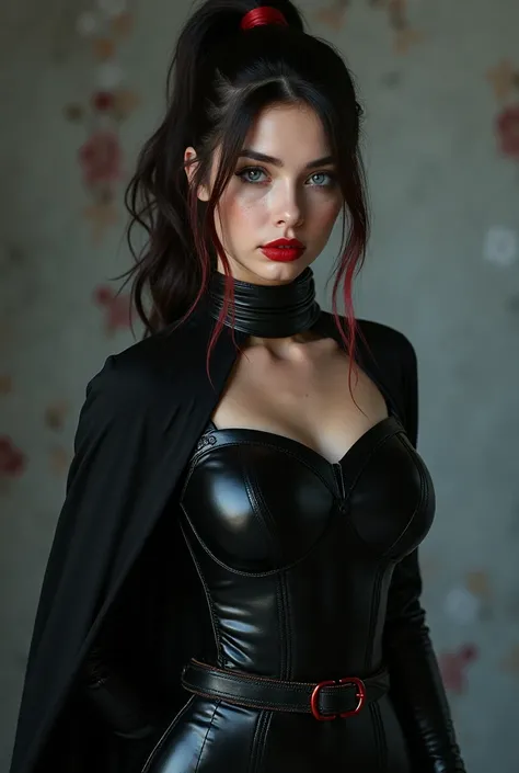  A full-body shot from head to toe ， real photo ，Must fully present the entire outfit ，  A young Russian woman stands ， Plays the Female Protagonist in a Movie Invading Brain Cells，A sex toy ， 190 cm tall ， black-red interfacial hair ， Very long ponytail ，...