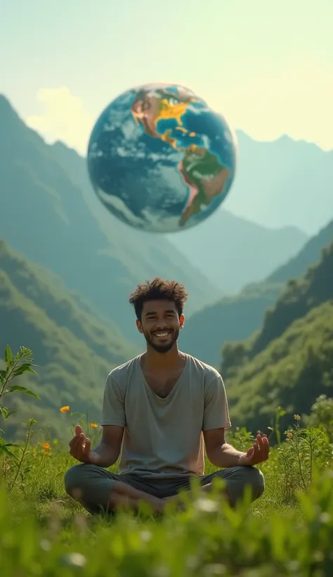 "An ordinary rural youth is sitting in a peaceful hilly area in a meditative pose. The nature around him is lush green, and the mild morning sunlight falls on his face, reflecting the strength of his spirit. Behind him, a huge, glowing globe (symbolizing t...