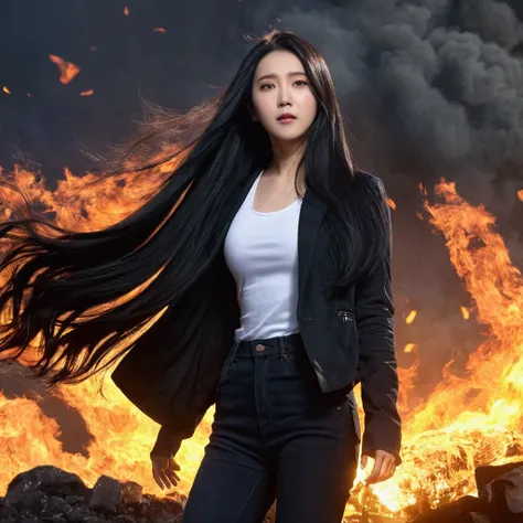  Arafe woman with long black hair ,  white tank top, black long-sleeved jacket, dark jeans, , front of fire , asian girl With long hair,  สาวWith long hairมาก ,  iu lee ji-eun as super villain , With long hair, with long dark hair, Long-haired girl, Long b...