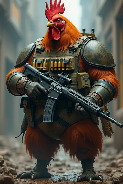  Chicken-headed stocky male cockerel ,  carrying an m14 heavy weapon with bayonet on the weapon also used a vest complete with a carrier plate containing ammunition, Grenade, commando knife  