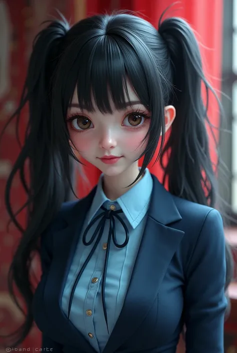 japanese girl、vampire、black hair、 twin tails、smile、 big eyes、light blue shirt、 ties、 navy blue suit、3d

