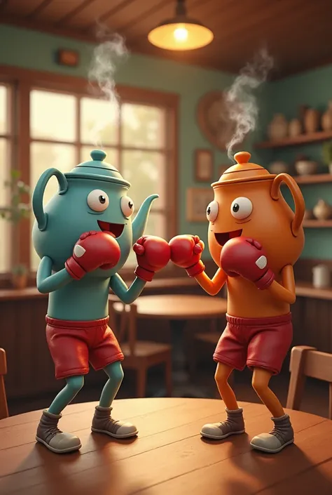 create an image already sized for a story post where the humanized teapot and coffeepot face off in a boxing match in a light and fun way,