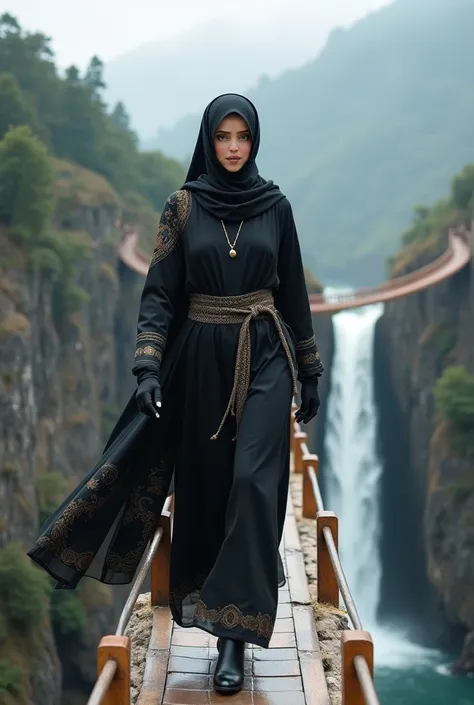 A stunning woman, dressed in a hijab, is elegantly accessorized with a traditional keffiyeh scarf draped gracefully around her neck. She wears a flowing, warrior-inspired black abaya with intricate designs, exuding both strength and elegance. Her ensemble ...