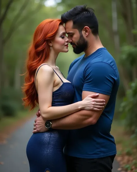  Couple in love  , 30 YEARS ,slender woman, Redhead , blue eyes ,PIEL BLANCA,  Big breasts,  small waist  , big ass, Very sexy  , sexy blue dress with glitter  , hombre musculoso ,  large body  , Black hair ,PIEL BLANCA ,blue t-shirt ,  black pants  ,  fan...