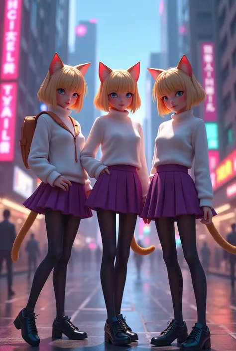    girls in their early teens 、vampire、 word、  Blonde 、  short hair while on a business trip、、Cat ears、Tail、  white high neck sweater、purple skirt  、 black tights、 Shiny Black Tights 、  downtown、3d