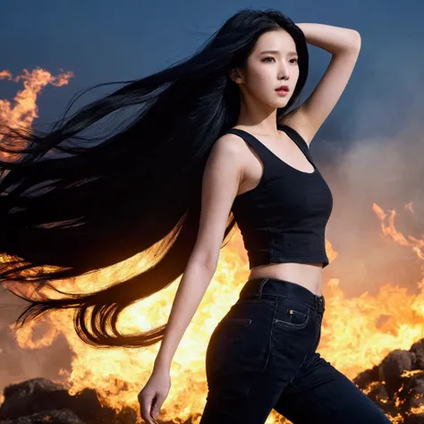  Arafe woman with long black hair ,  white tank top, black long-sleeved jacket, dark jeans, , front of fire , asian girl With long hair,  สาวWith long hairมาก ,  iu lee ji-eun as super villain , With long hair, with long dark hair, Long-haired girl, Long b...